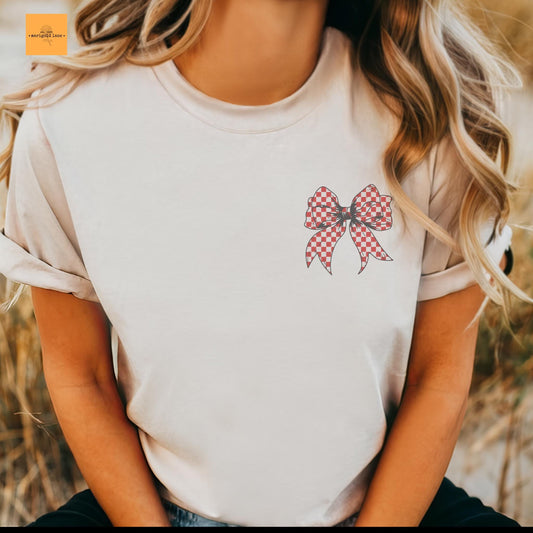 Red Checkered coquette bow tshirt, pocket size bow Game Day, school color tshirt, cute game day tshirt, mascot unisex tshirt