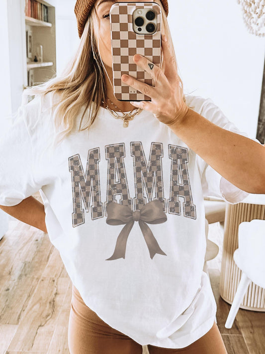 Brown checkered Mama coquette tshirt, mama of a son checkered tshirt multiple color options, cute mama t-shirts, coquette mom tshirt.