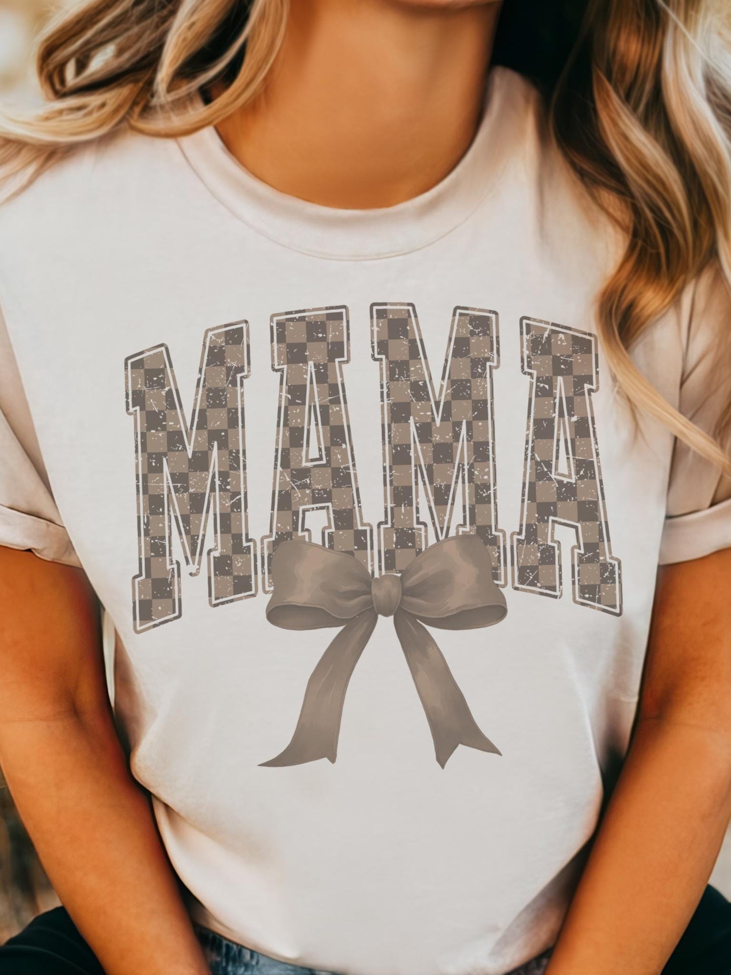 Brown checkered Mama coquette tshirt, mama of a son checkered tshirt multiple color options, cute mama t-shirts, coquette mom tshirt.