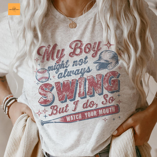 My boy might not always swing but I do baseball mom tshirt, retro baseball tshirt, cute game day tshirt, ballpark mama unisex cut tshirt