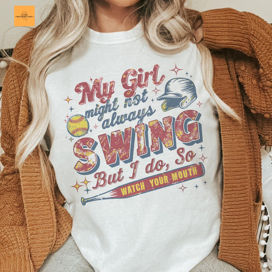 My girl might not always swing but I do! Softball mom tshirt, retro softball tshirt, cute game day tshirt, ballpark mama unisex cut tshirt